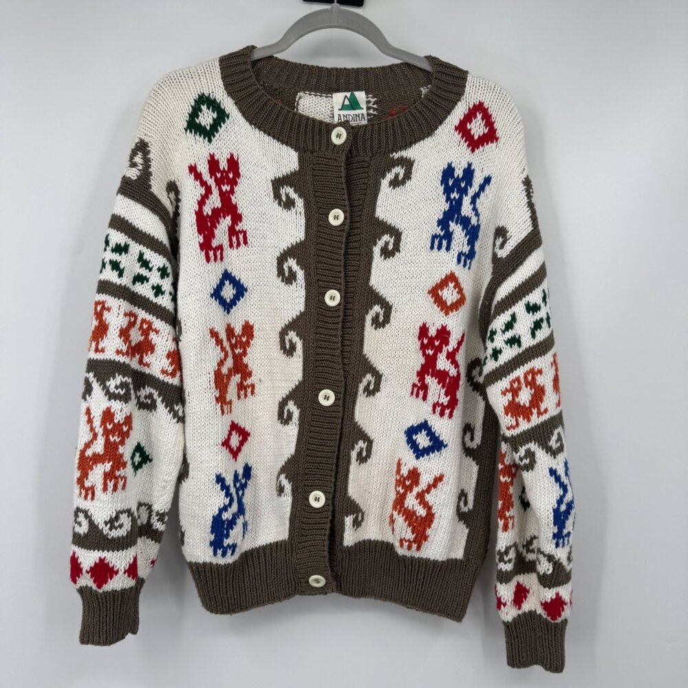 Vintage Andina graphic cardigan sweater  cotton white colorful size small woman’